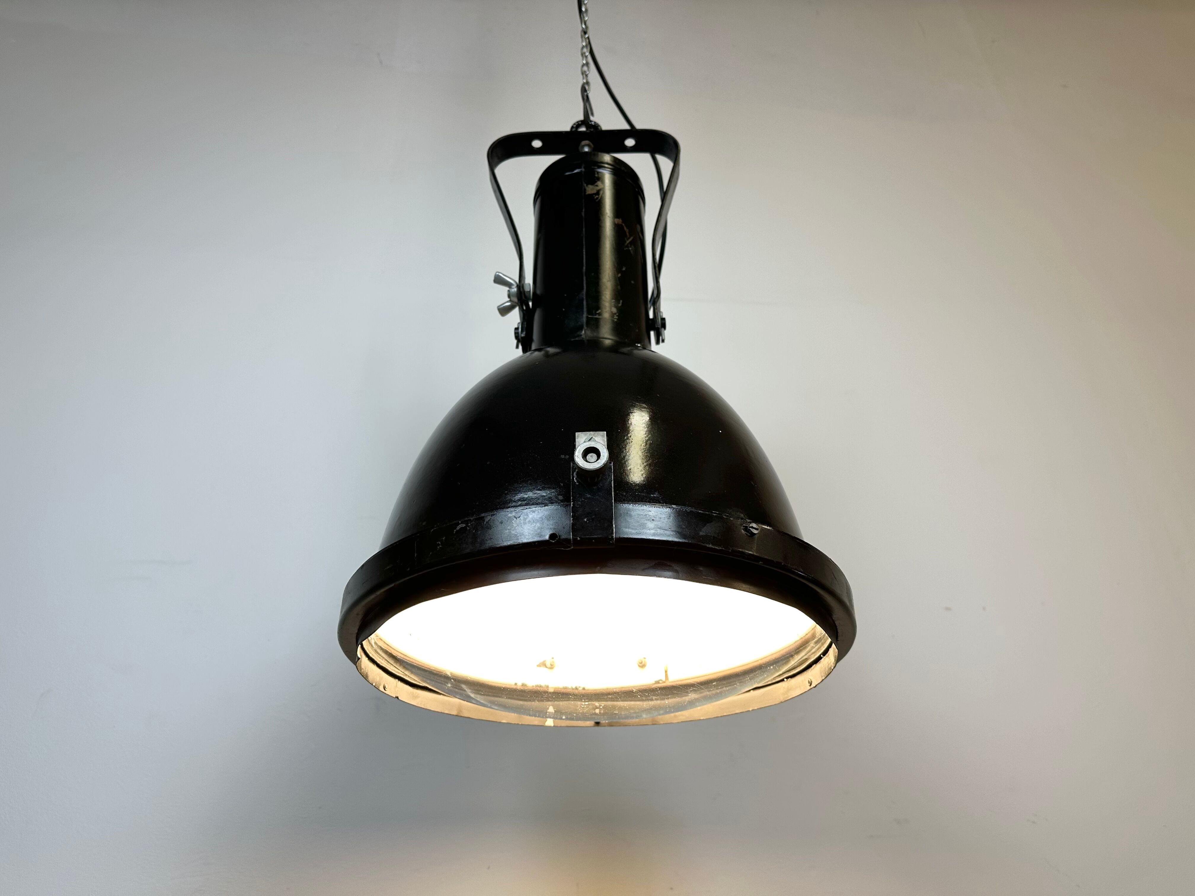 Industrial Black Enamel Factory Spotlight with Convex Glass Cover, 1960s
