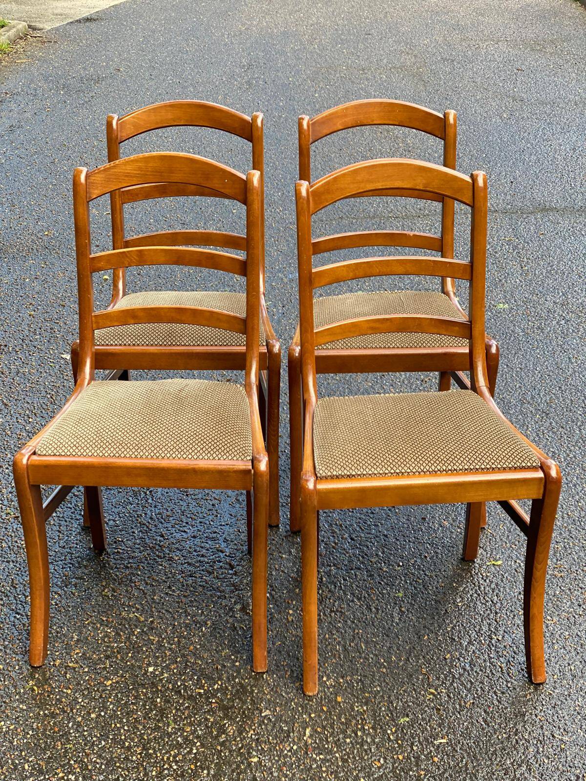 4 chairs in solid blond wood and brown beige embroidered tiled velvet suede