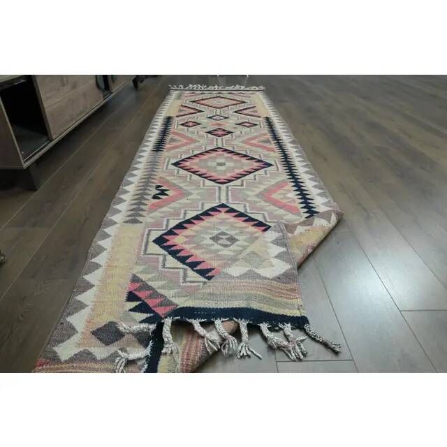 1970s Vintage Turkish Oushak Handmade Wool Cotton Purple Runner Rug 100x326