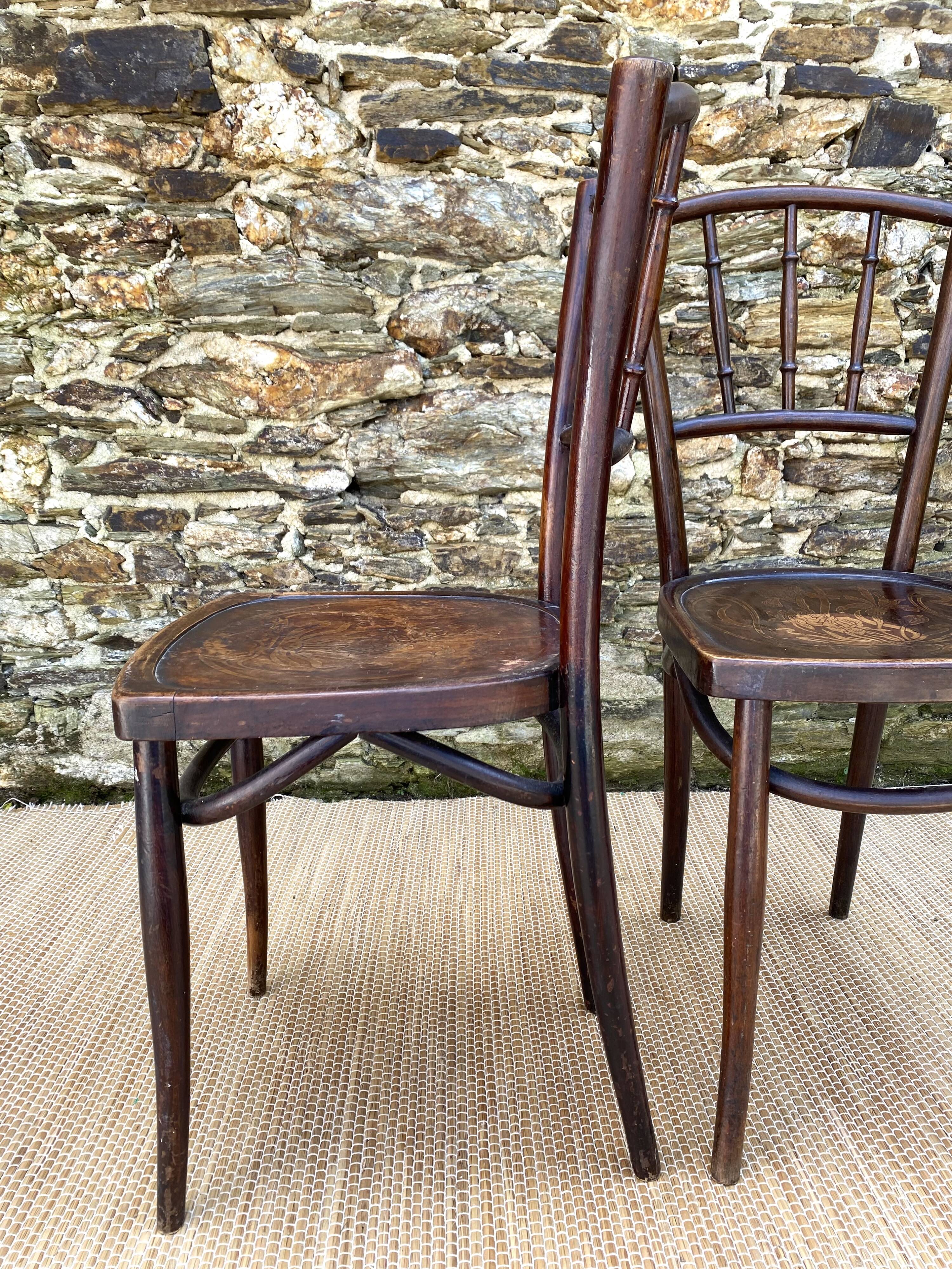 Pair of Thonet bistro chairs with flower decor, art nouveau