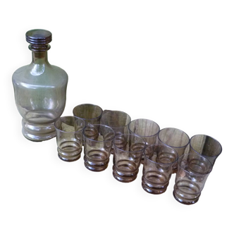 Set of 10 brown glasses and a carafe made in Belgium