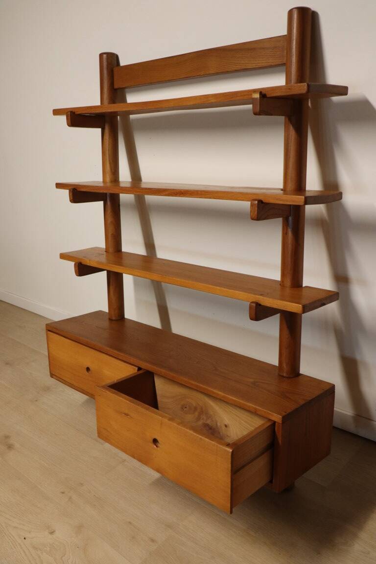 Vintage wall shelf unit in solid elm, 1970s