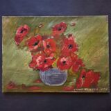 Old painting signed Yvonne Biancheri, Bouquet of red anemones, 1956,