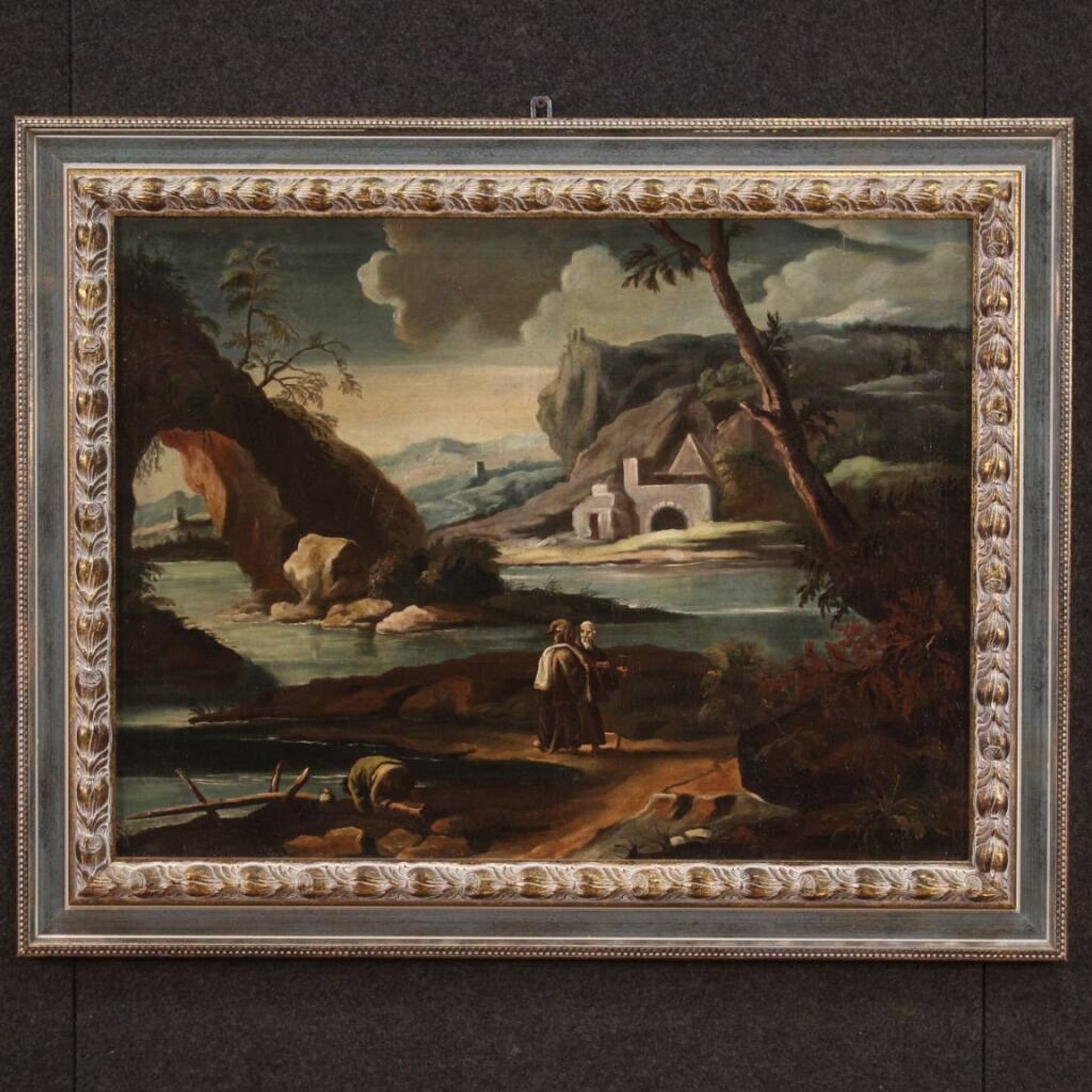Peinture ancienne de paysage avec personnages du XVIIIe siècle