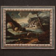 Peinture ancienne de paysage avec personnages du XVIIIe siècle