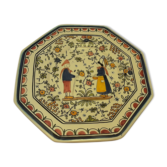 Assiette octogonale faience de Bretagne peint main