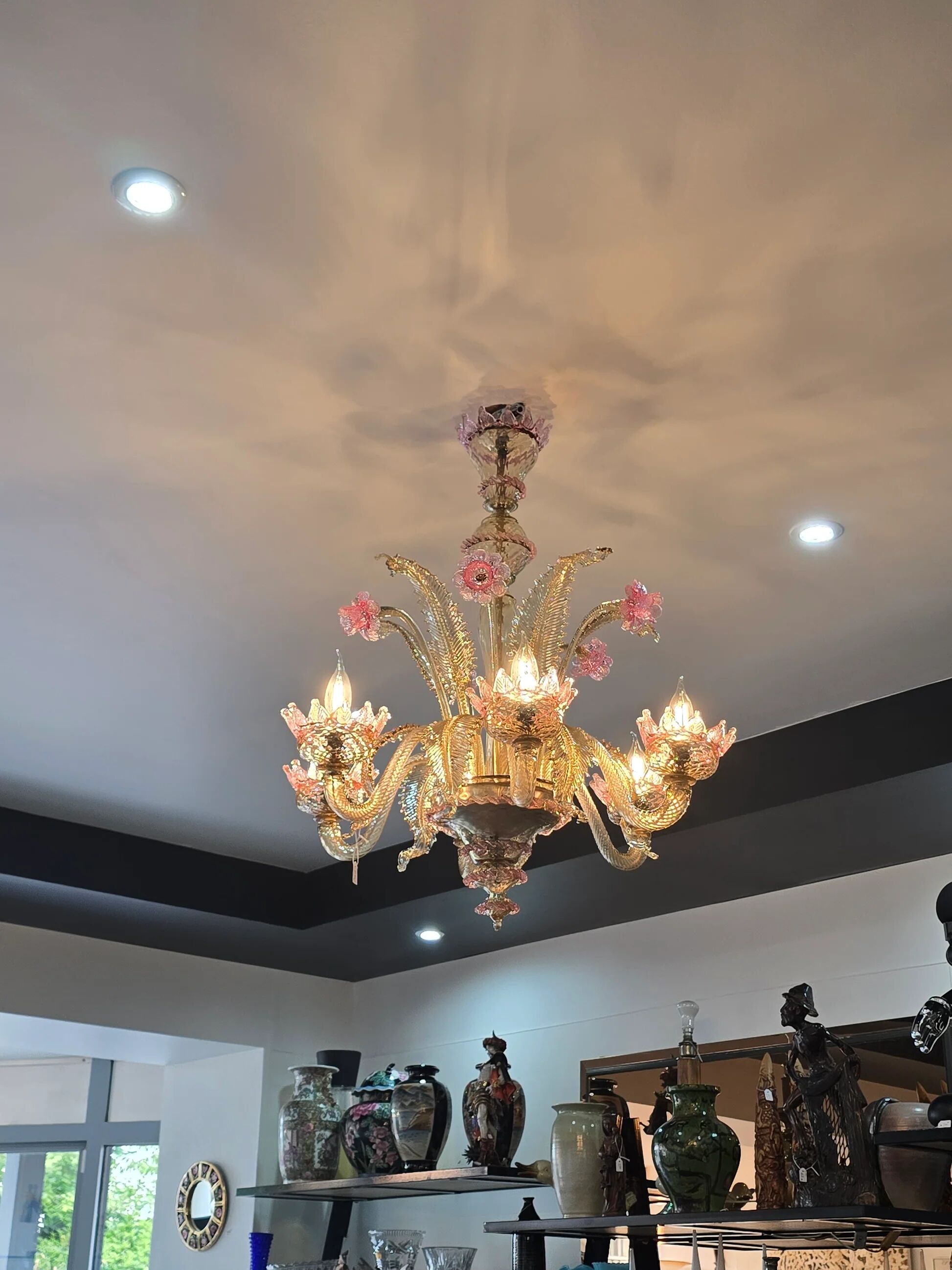 Venetian glass chandelier with pink and gold floral decoration – 6 lights