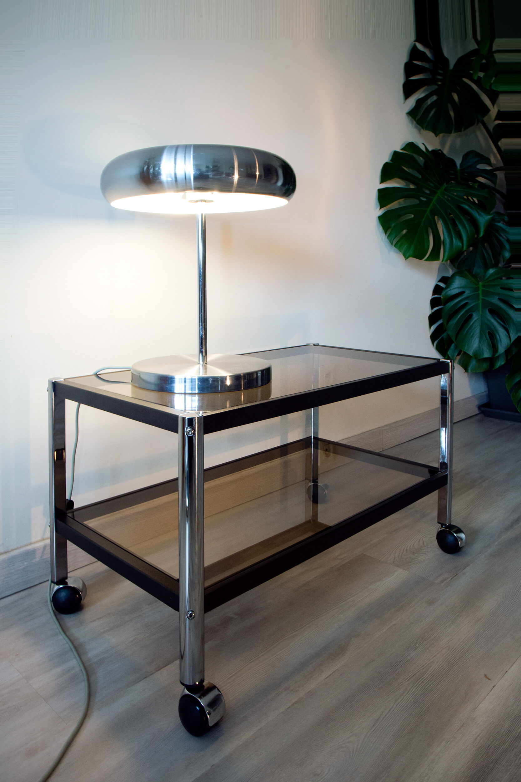 Erard coffee table, metal and smoked glass 1980
