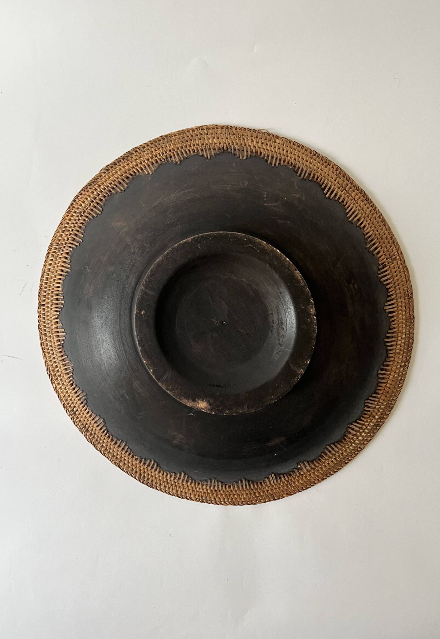 Large basket/trinket tray in blackened wood, wickerwork & mother-of-pearl