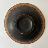 Large basket/trinket tray in blackened wood, wickerwork & mother-of-pearl