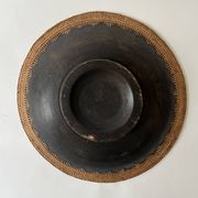 Large basket/trinket tray in blackened wood, wickerwork & mother-of-pearl