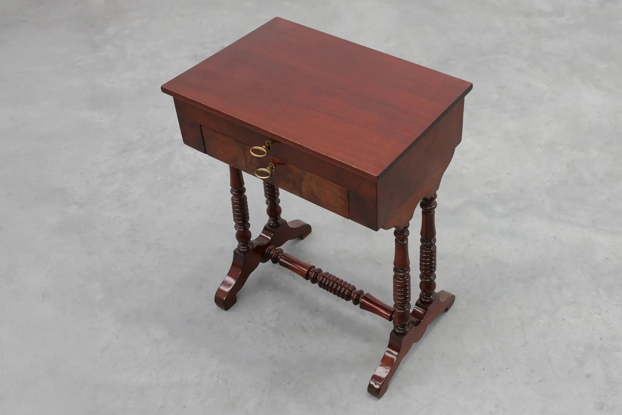 Louis Philippe Side Table with Two Drawers and Turned Twin Legs, France, 18