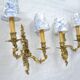 2 brass wall lights with toile de jouy lampshades