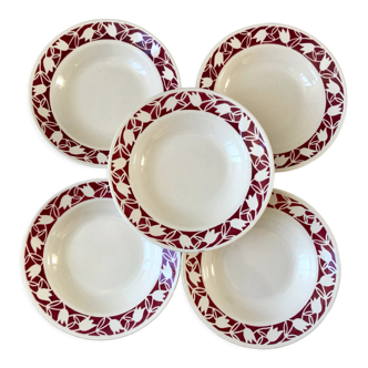 Lot of 5 hollow plates Badonviller tulips burgundy years 30-40
