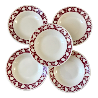 Lot de 5 assiettes creuses Badonviller tulipes bordeaux années 30-40