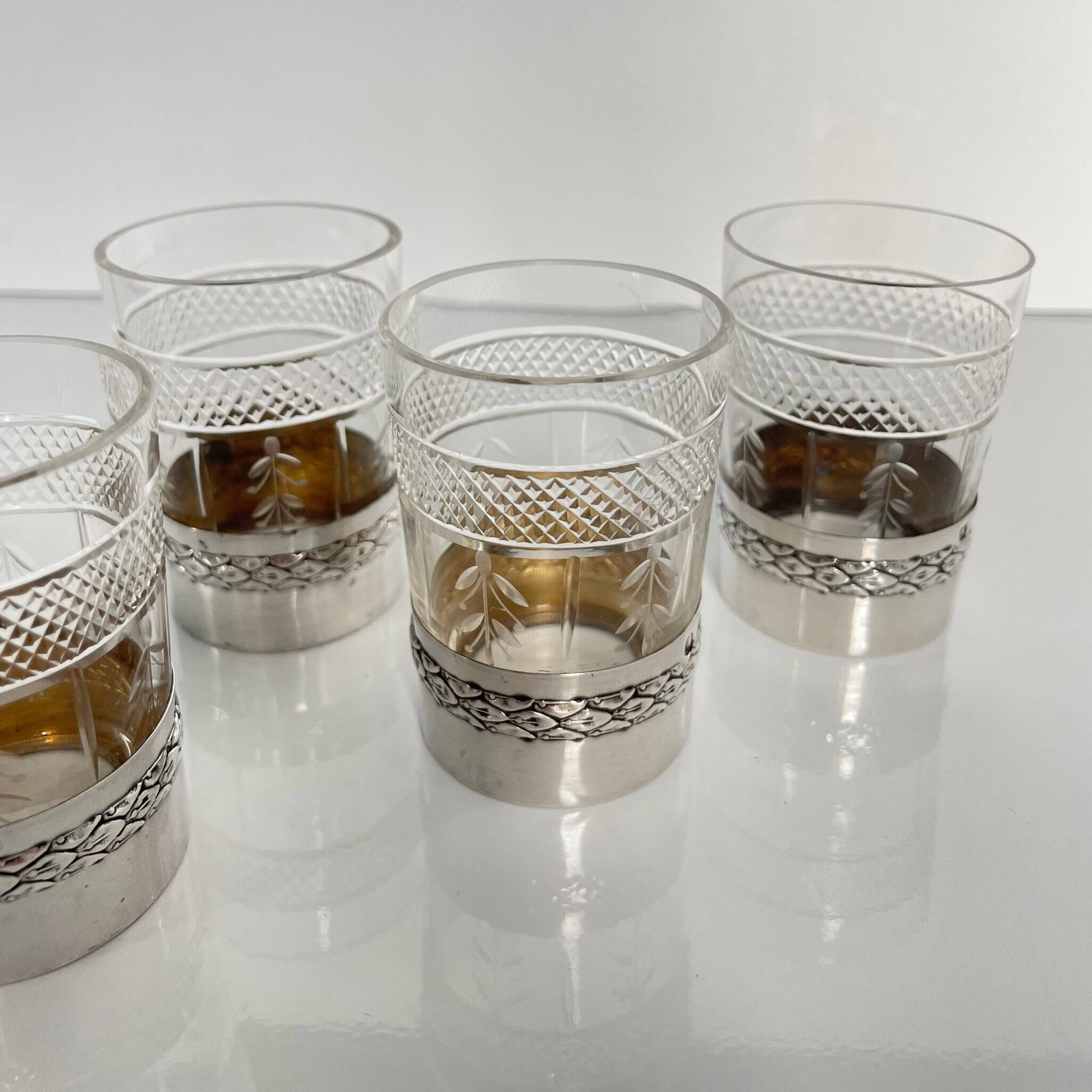 4 crystal and silver liqueur glasses – Late 19th - early 20th century