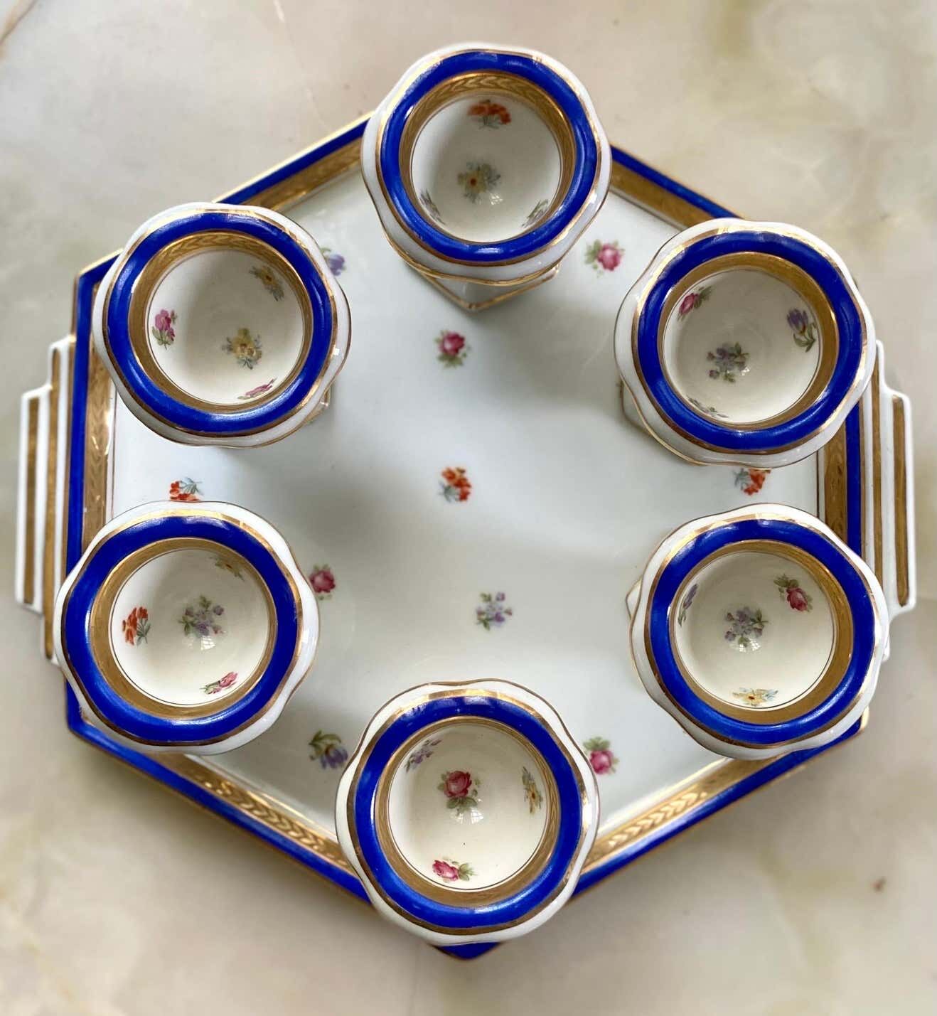 Blue and gold sweet egg set in Limoges porcelain, France, 1928