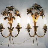 Golden metal flower sconces 1960 in pairs