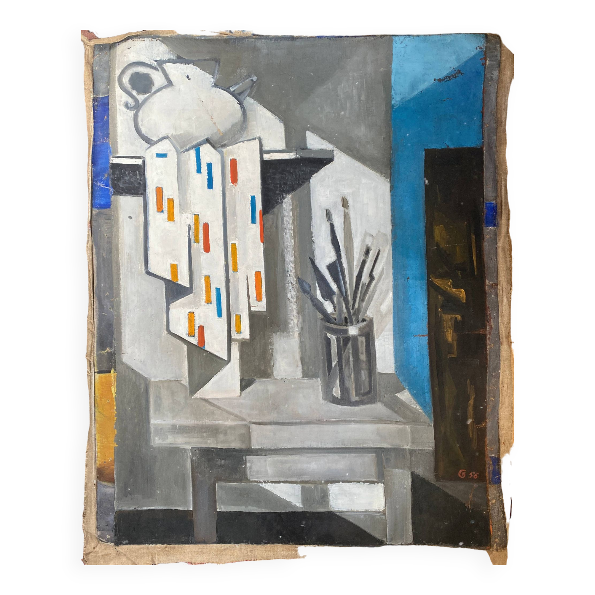 Cubist hst painting by guy feinstein (born in 1929) "the artist's workshop" 1956