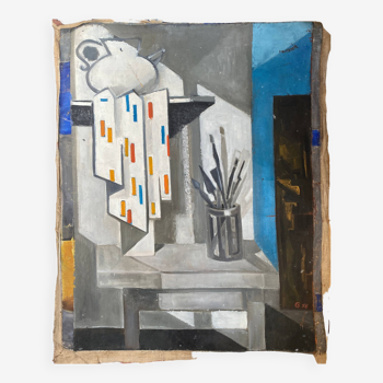Tableau hst cubiste par guy feinstein (né en 1929) "l'atelier de l'artiste" 1956
