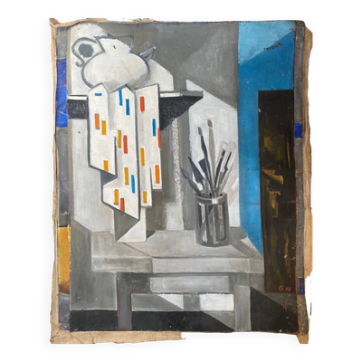 Tableau hst cubiste par guy feinstein (né en 1929) ''l'atelier de l'artiste'' 1956