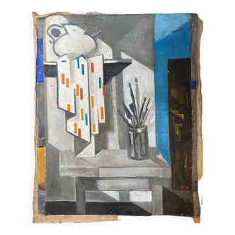Cubist hst painting by guy feinstein (born in 1929) "the artist's workshop" 1956