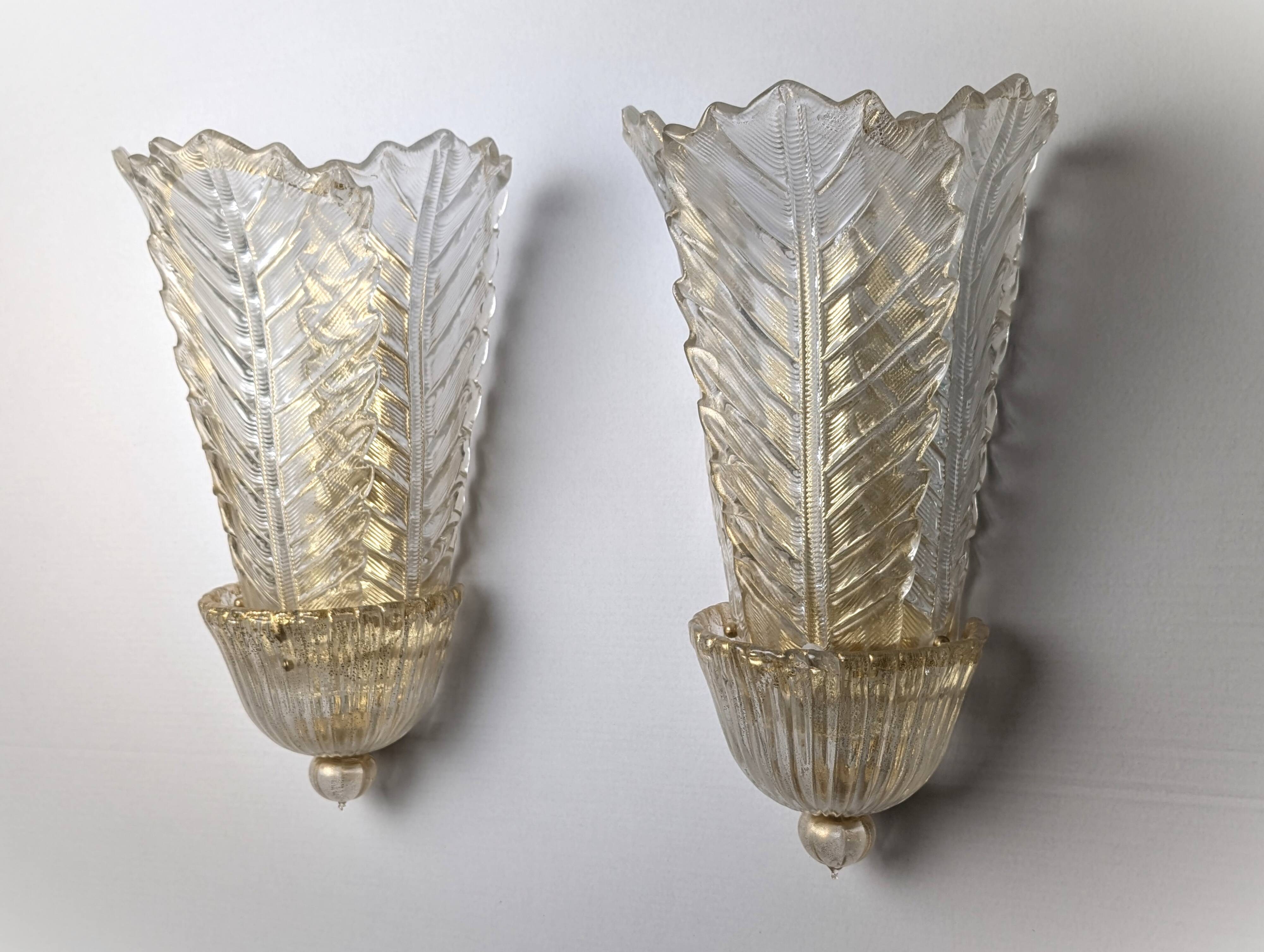 Paire de grands appliques murales Barovier & Toso Foglia d’Oro, années 1980.