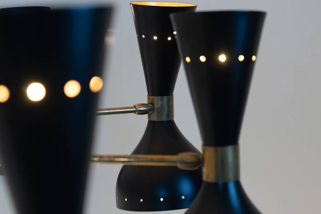 Diabolo chandelier in patinated and black lacquered brass. Contemporary.