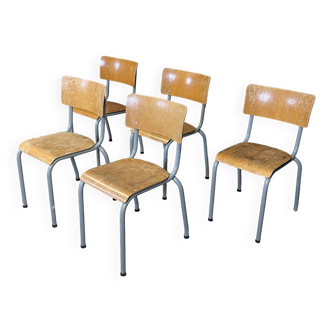 Set of 5 school chairs honey wood light gray steel Netherlands 70s