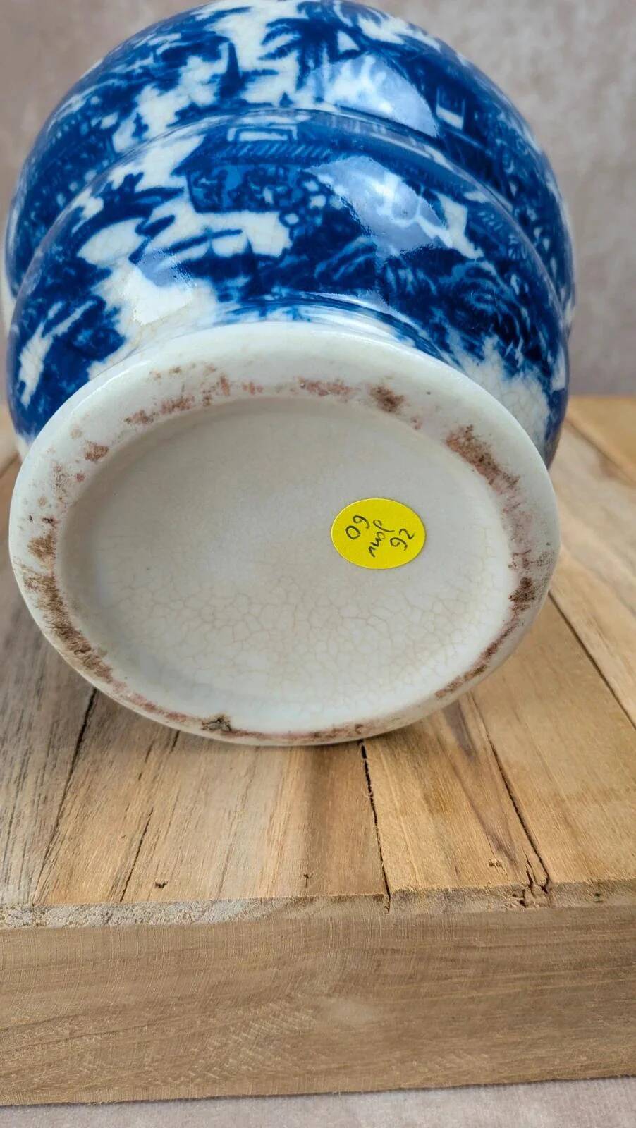 Blue and white Chinese vase with sculpted handles and landscape decoration.
