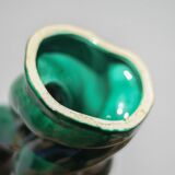 Pair of twisted green ceramic candlesticks, 3-branched candlestick, Vallauris style emerald candelabra