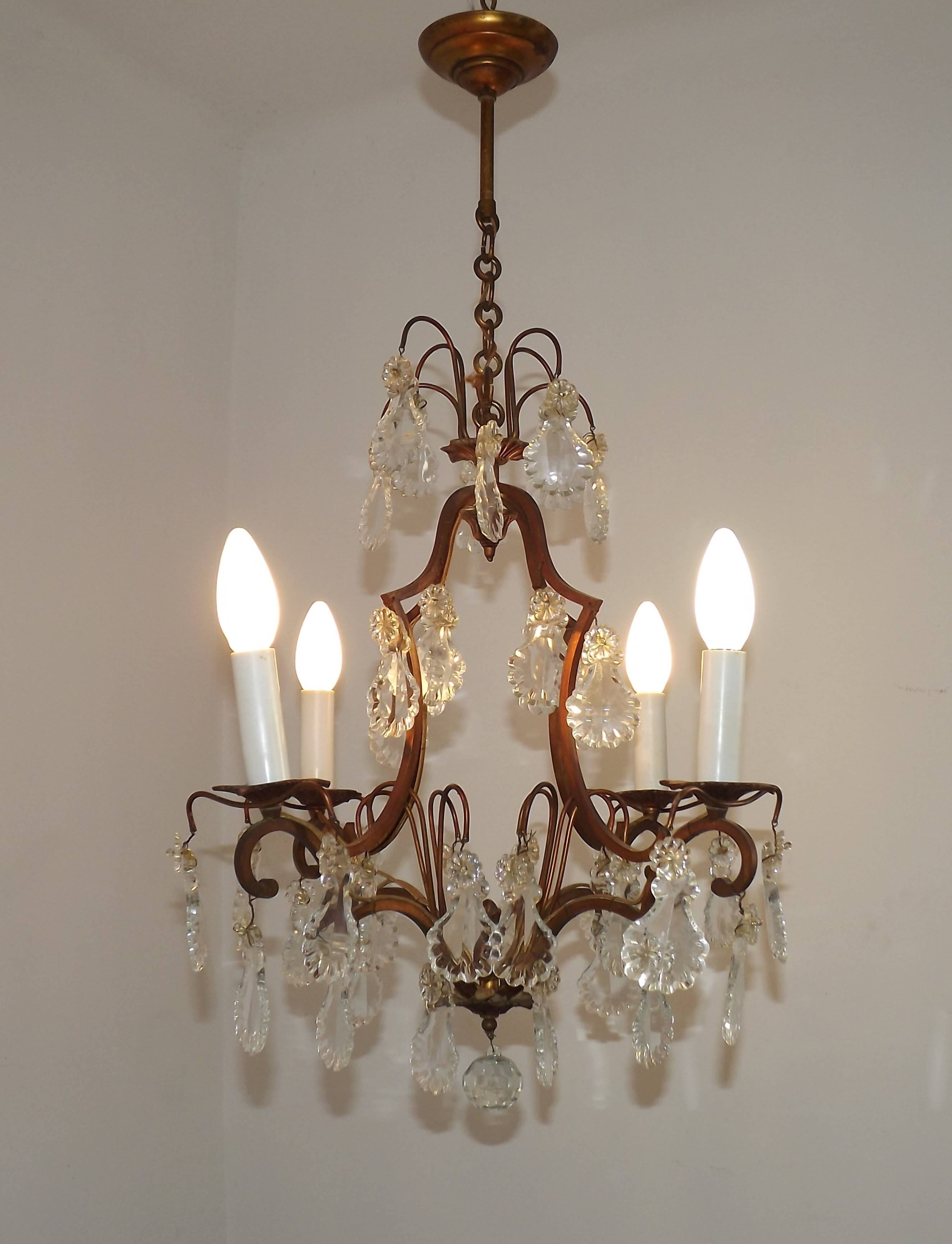 1940s French Vintage Bronze Glass and Crystal 4 Light Chandelier 4679