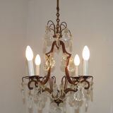 1940s French Vintage Bronze Glass and Crystal 4 Light Chandelier 4679