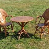 A table and two armchairs in chestnut slats 1970