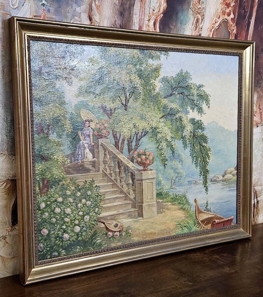 Oil painting depicting a romantic scene.