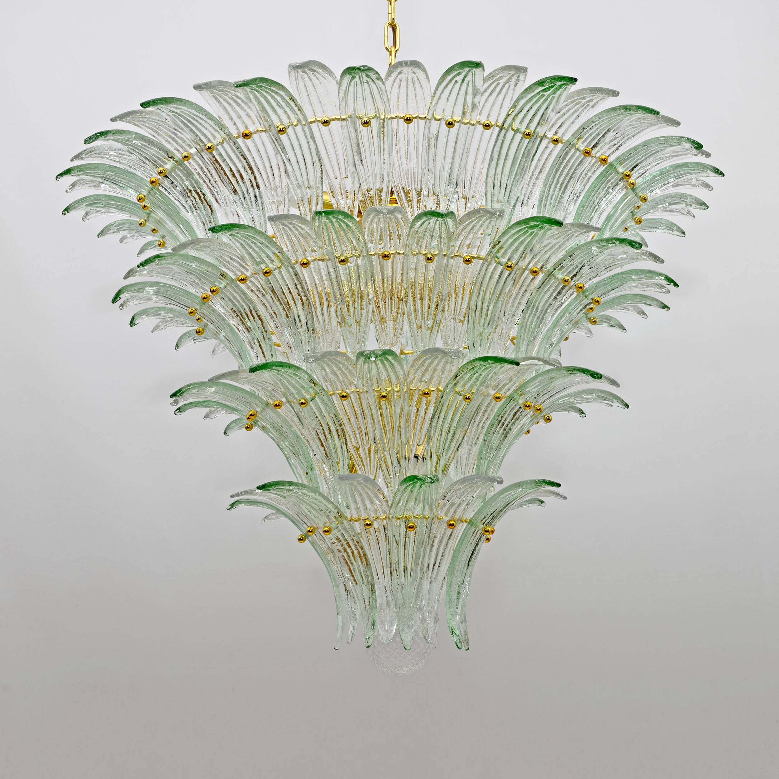 Mid-century Modern Italian Murano Glass and Brass Palmette Chandelier