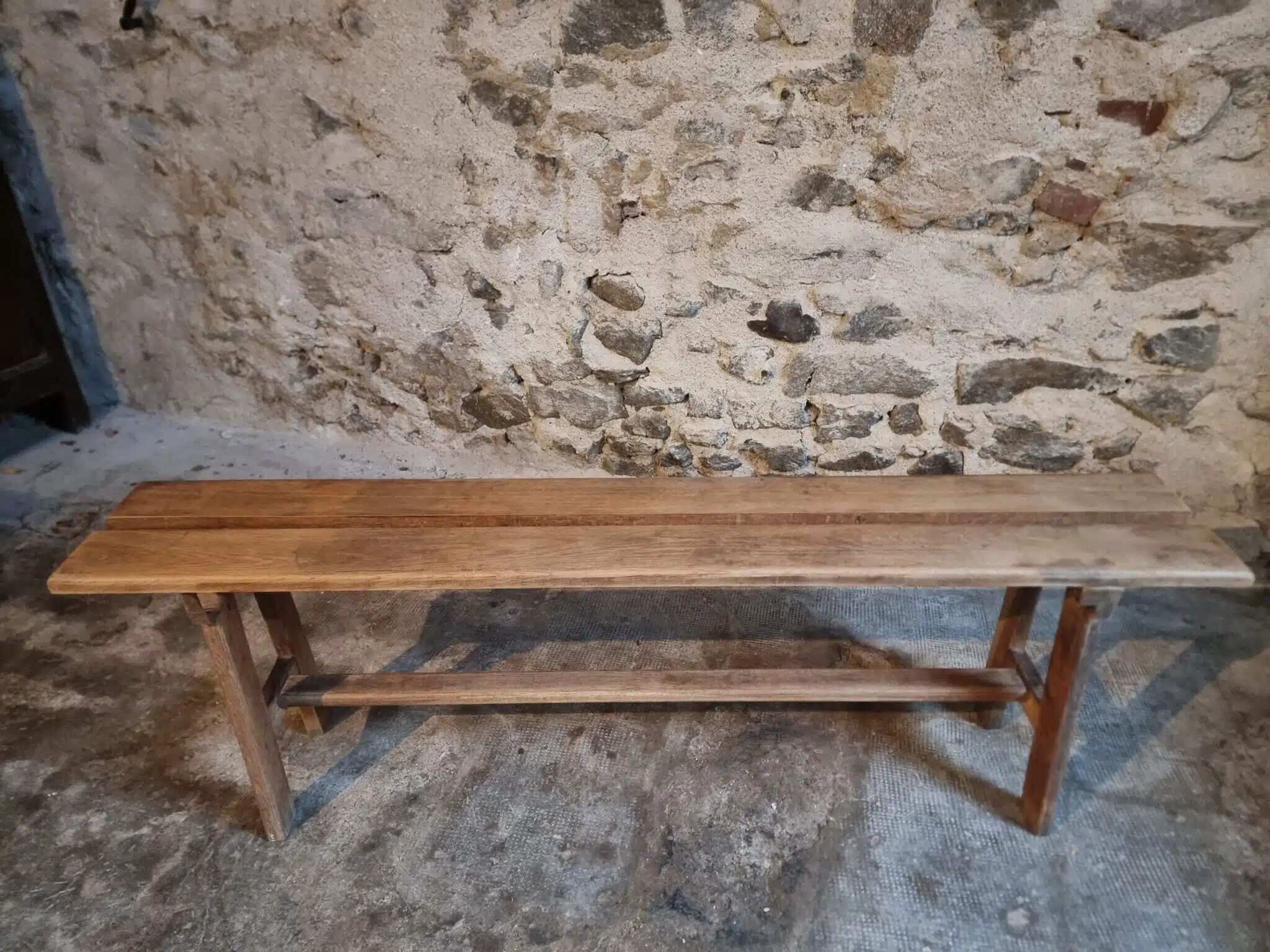 Vintage French oak bench, rustic wooden bench, France 1950s.