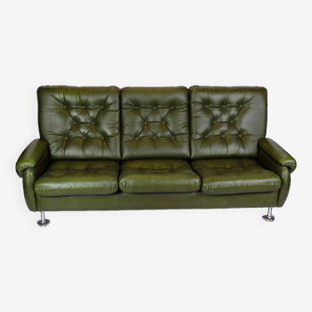 3 pers. canapé en cuir vert foncé avec pieds chromés des années 1970