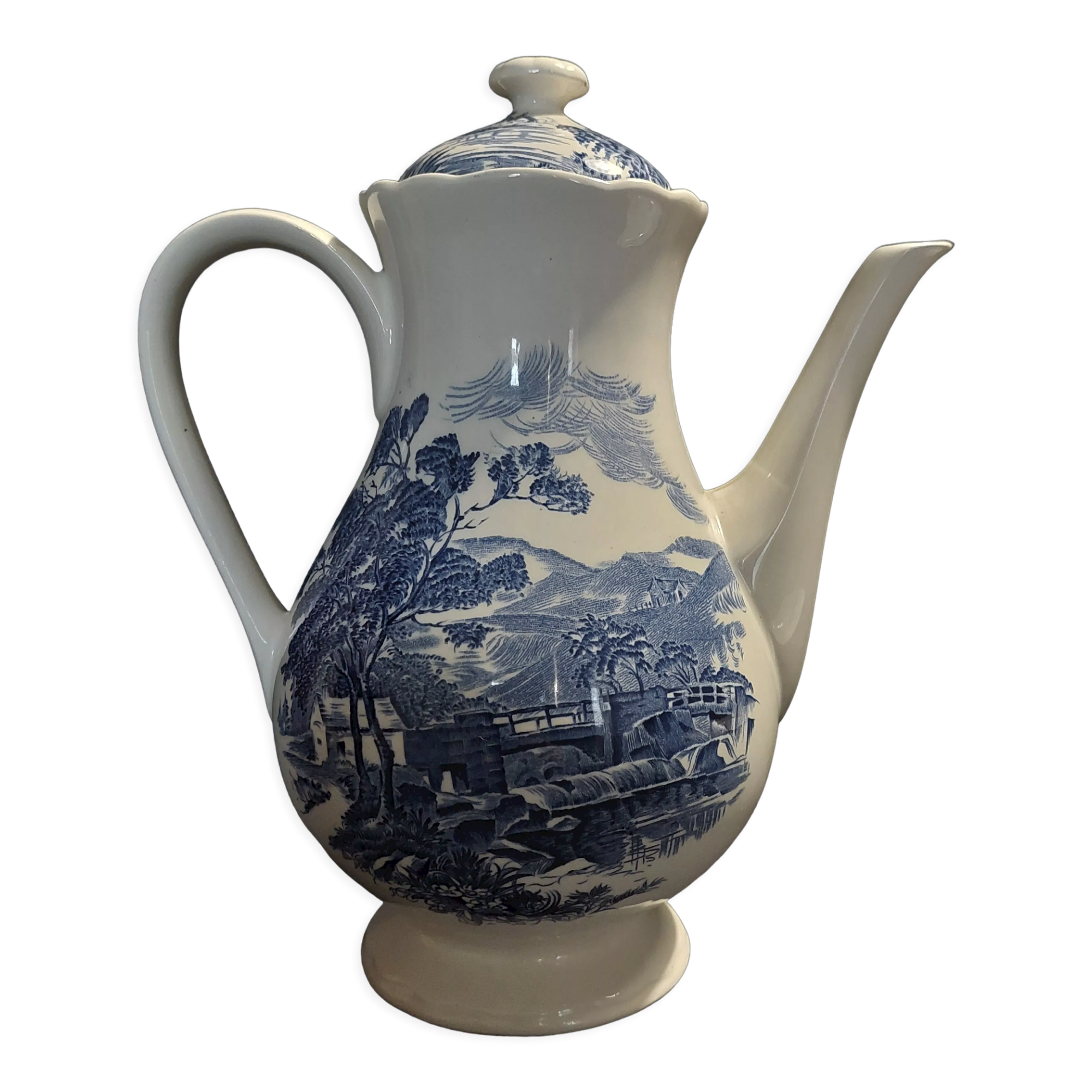 Faience pouring coffee maker Gien decor countryside blue