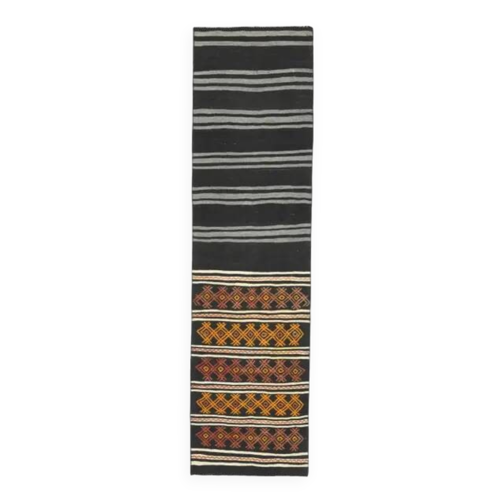 1970s Turkish Oushak Handmade Wool Cotton Black Runner Rug 63x246