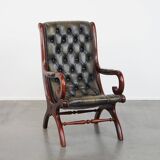 Green English-Style Cowhide Leather Chesterfield Armchair with Wood