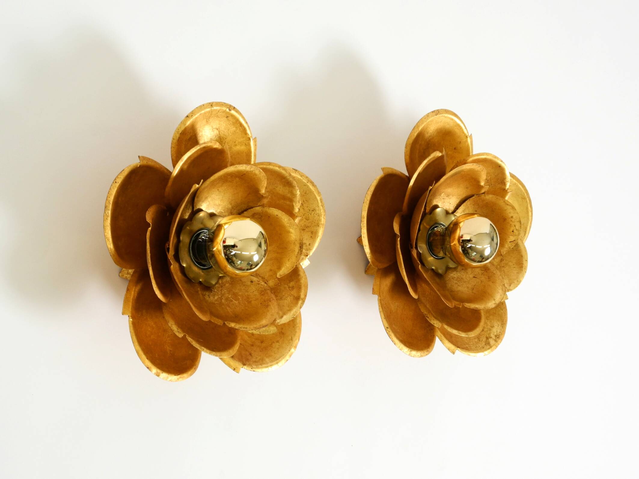 Two beautiful, large, gilt wall lamps, "Water Lily," Italy, 1960s