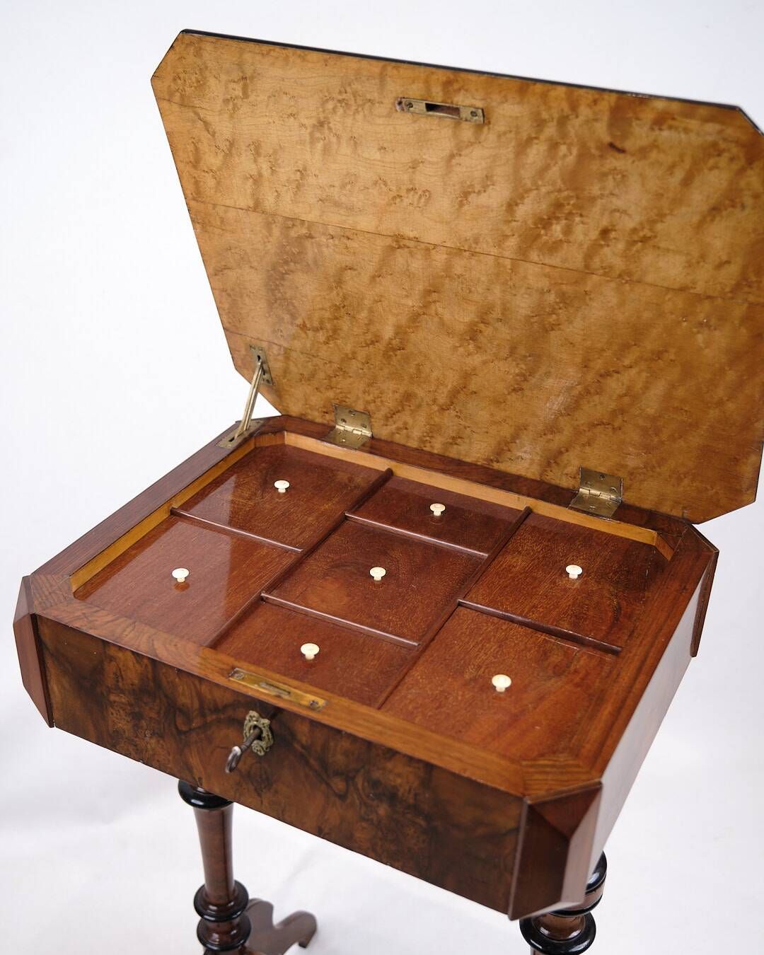 Antique sewing/side table with built-in storage - hand polished mahogany - turned legs - year 1890s