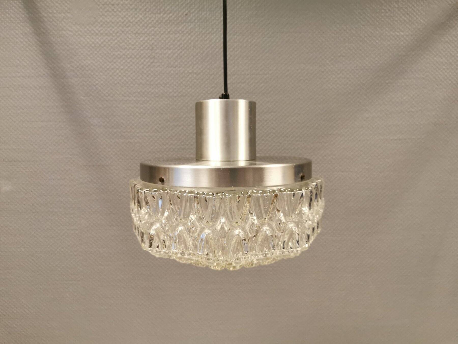 Beautiful hanging lamp in aluminium and hard-pressed crystal glass, probably Swedish