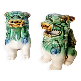 Pair of Vintage Chinese Ceramic Feng Shui Foo Dogs or Lions