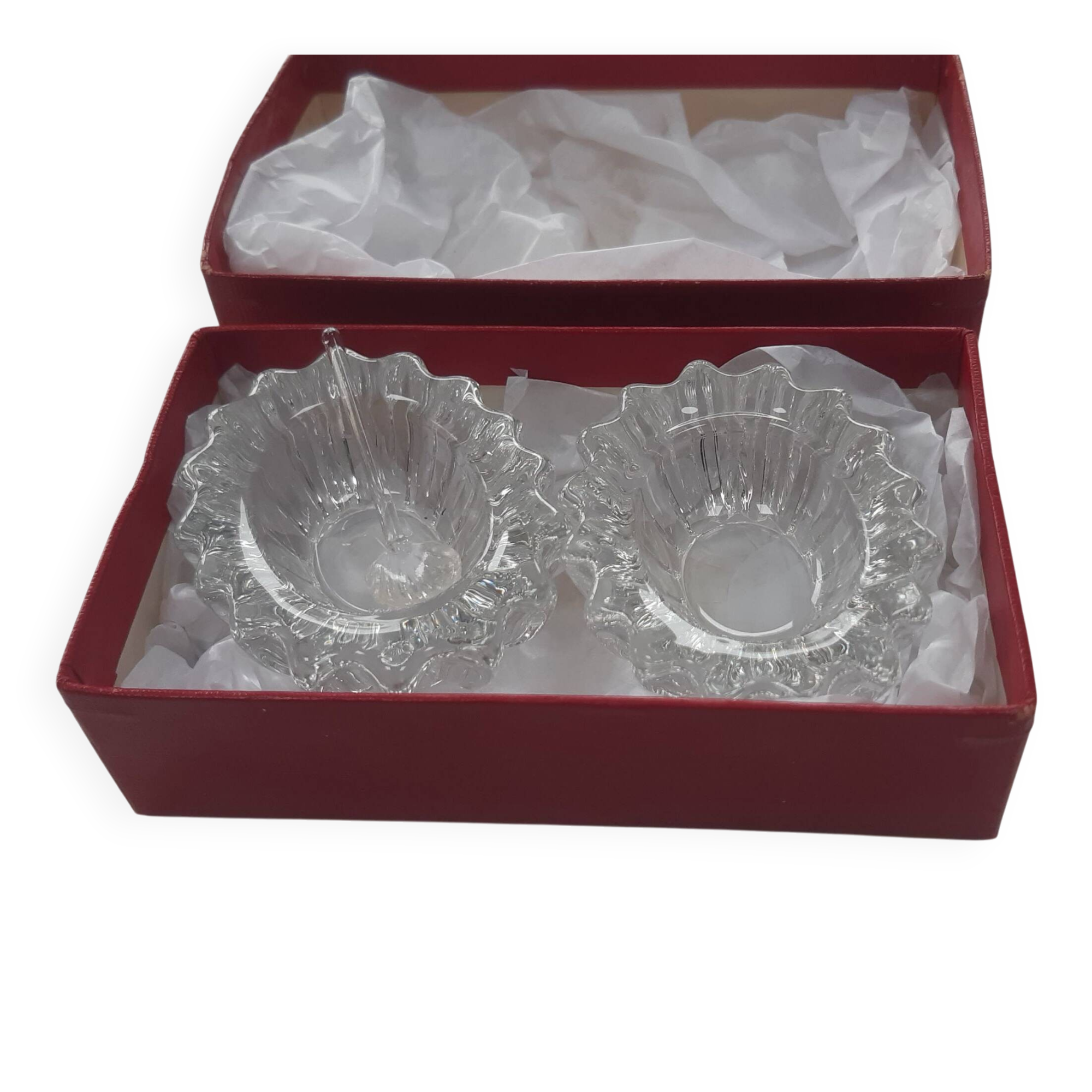 Antique crystal salt and pepper shakers, with their small spoon