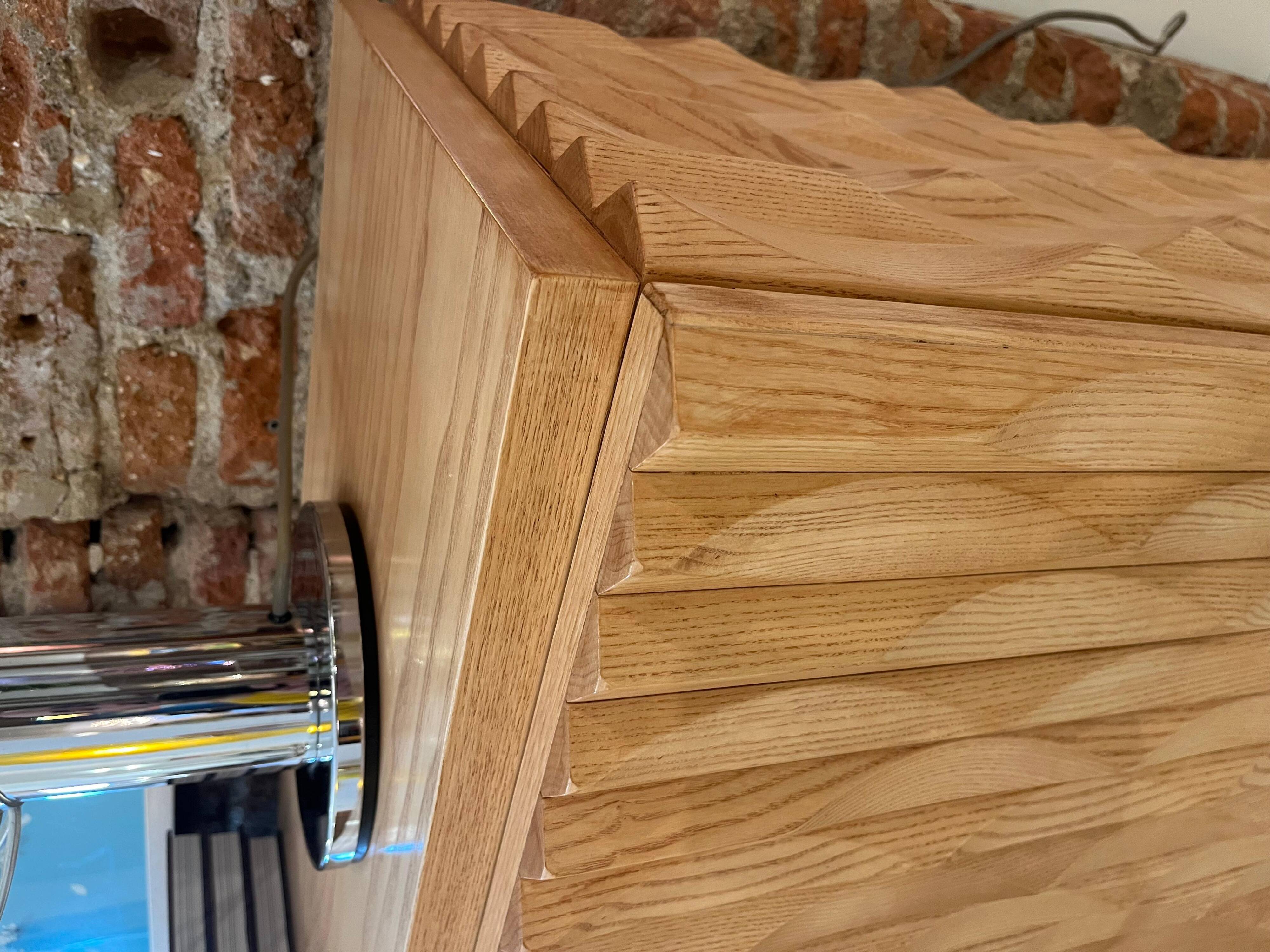 Brutalist Style Hand-carved Solid Oak Wood and Glass Mirror Italian Bar Cabinet