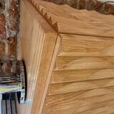 Brutalist Style Hand-carved Solid Oak Wood and Glass Mirror Italian Bar Cabinet