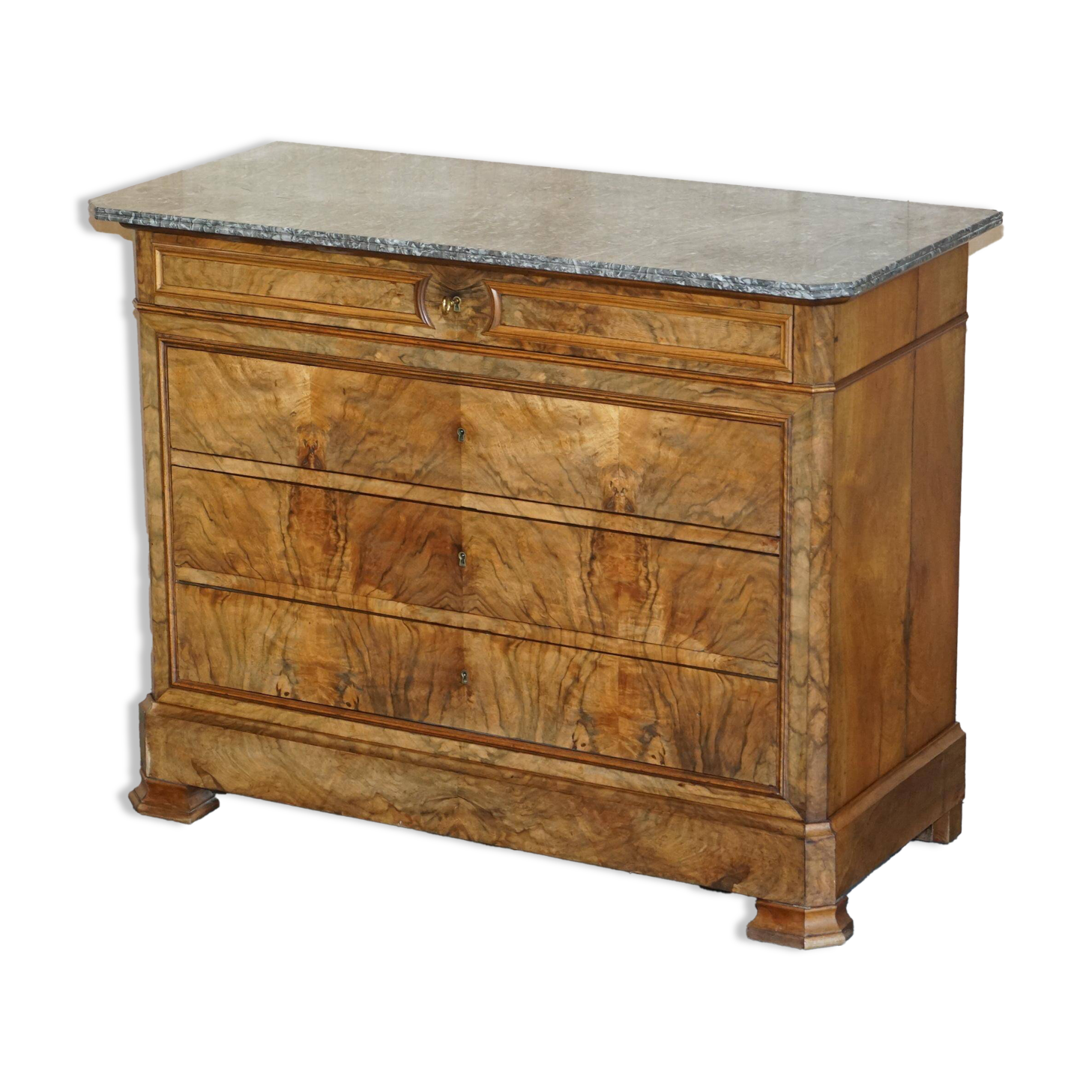 Antique walnut commode from 1860 with a marble top and original key.