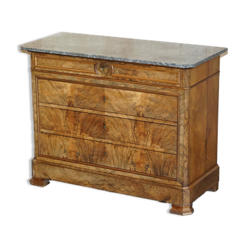 Commode antique 1860 en noyer avec plateau en marbre et clé originale